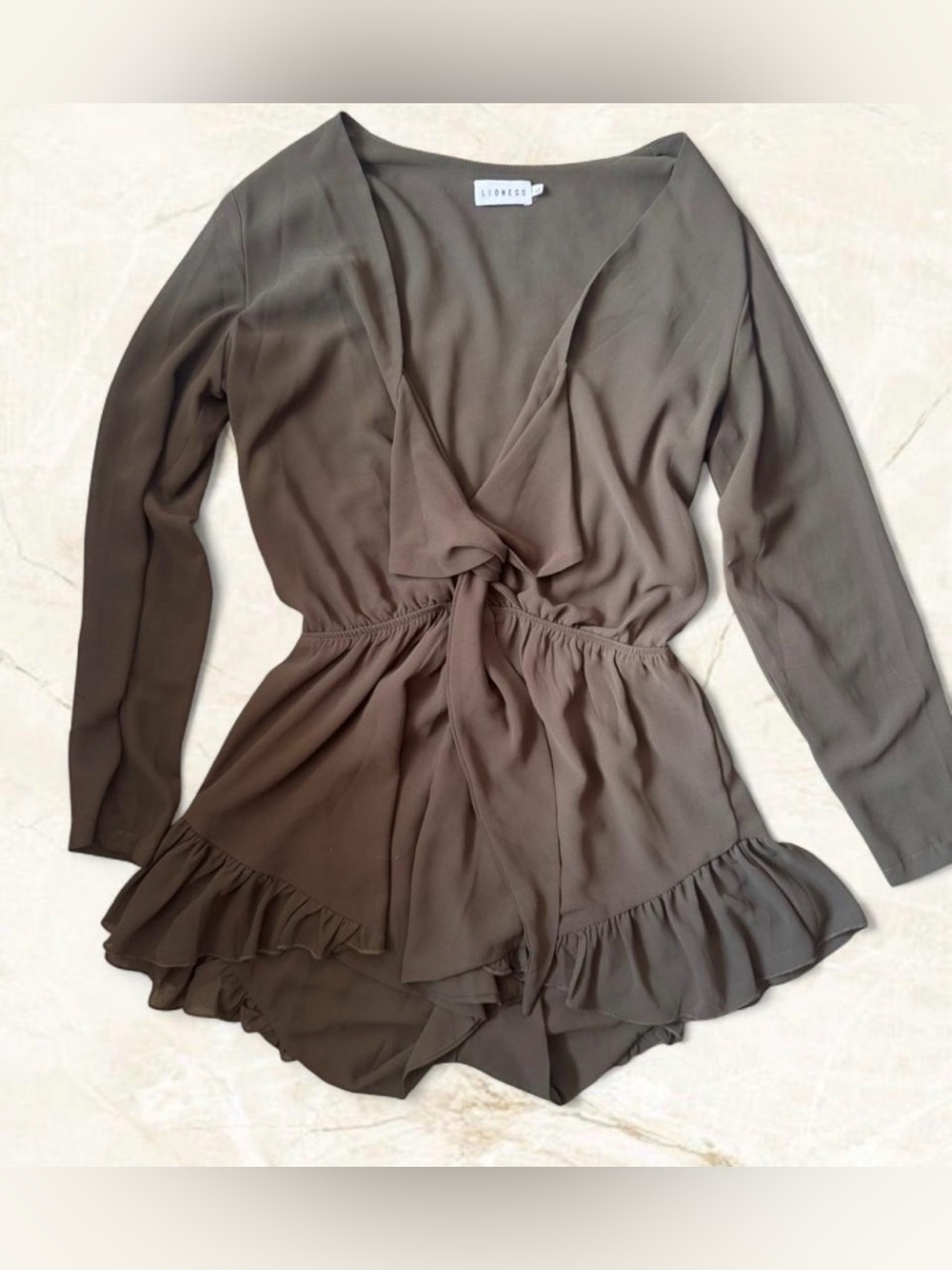 Lioness Coquette Olive Green Romper with Ruffles and tie front. Size L